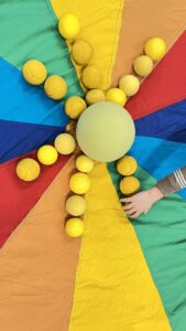 Na zdjęciu widać kolorową chustę animacyjną w barwach żółtej, czerwonej, niebieskiej, zielonej i pomarańczowej. Na środku chusty ułożono dużą, jasnożółtą piłkę, wokół której promieniście rozłożono mniejsze, żółte piłeczki, tworząc wzór przypominający słońce. W prawym dolnym rogu widać fragment ręki dziecka w pasiastym swetrze, które dotyka jednej z piłeczek. Kompozycja wygląda na element zabawy ruchowej lub ćwiczenia grupowego z wykorzystaniem chusty animacyjnej.