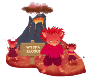 Na ilustracji widać trójkę postaci przypominających małe, bajkowe stworki o czerwonej sierści i zadziornych minach. Wszystkie wyglądają na bardzo rozzłoszczone — mają zmarszczone brwi, zaciśnięte pięści i stoją w napiętych pozach.

W tle znajduje się wulkan, z którego wydobywa się lawa i ciemny dym, co potęguje wrażenie gniewu i napięcia. Przed wulkanem stoi drewniany znak z napisem „Wyspa Złości”, wskazujący, że to miejsce symbolizuje emocję gniewu.

Ziemia wokół postaci jest popękana i rozżarzona, jakby od gorąca wulkanu. Cała scena utrzymana jest w odcieniach czerwieni, pomarańczu i brązu, co podkreśla intensywność emocji i atmosferę złości.