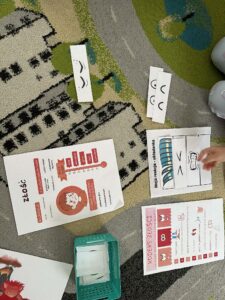 Na zdjęciu widać materiały edukacyjne rozłożone na dywanie, prawdopodobnie podczas zajęć dla dzieci. Na dywanie leżą kolorowe karty i arkusze dotyczące emocji, a szczególnie złości.

Jedna z kart zatytułowana jest „ZŁOŚĆ” i przedstawia rysunek dziecka z czerwonymi policzkami oraz opis emocji — jak się objawia i jak można sobie z nią radzić. Obok znajduje się karta z napisem „Kodeks złości”, zawierająca ilustracje i zasady pomagające dzieciom w kontrolowaniu tej emocji.

Na innych kartkach widoczne są narysowane oczy i brwi, które prawdopodobnie służą do tworzenia mimiki twarzy wyrażającej różne emocje. Widać też rękę dziecka, które układa elementy na kartce z napisem „Moje sposoby na złość”. Obok leży mały zielony koszyczek z dodatkowymi kartkami.

Całość wygląda jak część zajęć terapeutycznych lub przedszkolnych poświęconych rozpoznawaniu i wyrażaniu emocji.