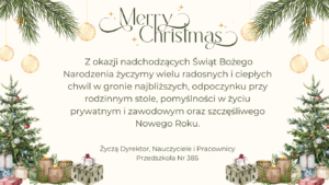Zdjęcie przedstawia choinki z prezentami i życzenia od pracowników przedszkola 