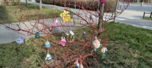 Na zdjęciu widać krzew o czerwonych gałązkach, na których zawieszono kolorowe ozdoby wielkanocne. Wśród dekoracji znajdują się jajka, króliczki i inne ręcznie wykonane elementy z papieru, filcu i włóczki. Ozdoby mają żywe barwy — różowe, żółte, zielone, niebieskie i fioletowe — i są przymocowane na wstążkach lub sznurkach.

W tle widać chodnik, fragment trawnika oraz ulicę z niskimi krzewami i drzewami. Na jednym z drzew znajduje się żółta tabliczka w kształcie zajączka, która prawdopodobnie informuje o akcji ozdabiania krzewów. Scena przedstawia wiosenną, radosną dekorację plenerową z okazji świąt Wielkanocy.