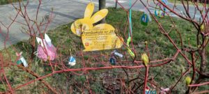 Na zdjęciu widać krzew o czerwonych gałązkach, na których zawieszono kolorowe ozdoby wielkanocne. Wśród nich znajdują się papierowe jajka, króliczki i inne dekoracje wykonane przez dzieci. Na środku widoczna jest duża, żółta tabliczka w kształcie zajączka z napisem informującym, że ozdoby przygotowało Przedszkole nr 383 w ramach akcji „Kolorowego Wielkanocnego Drzewka”. W tle widać fragment chodnika, trawnika i ulicy. Całość tworzy radosną, wiosenną scenę związaną z przygotowaniami do świąt Wielkanocy.