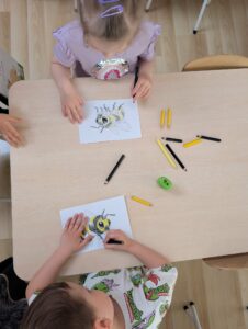 Na zdjęciu widzę dzieci podczas zajęć plastycznych poświęconych rysowaniu pszczół:
Główna aktywność:
Dwoje dzieci siedzących przy jasnym, drewnianym stole
Dzieci rysują/kolorują pszczoły
Widok z góry na stół i prace dzieci
Dziecko u góry (dziewczynka):
Różowa bluzka z krótkimi rękawkami i falbankami
Jasne włosy związane z tyłu
Pracuje nad rysunkiem pszczoły na białej kartce
Trzyma kredkę/ołówek w ręce
Dziecko u dołu:
Biała koszulka z nadrukiem (widoczne zielone dinozaury/smoki)
Ciemniejsze włosy
Również rysuje pszczołę na białej kartce
Aktywnie koloruje swoją pracę
Rysunki pszczół:
Dwie białe kartki z narysowanymi pszczołami
Pszczoły przedstawione w stylu kreskówkowym
Widoczne elementy:
Żółto-czarne paski na ciele
Przezroczyste/niebieskie skrzydła
Duże, okrągłe oczy
Uśmiechnięte buzie
Czarne czułki
Rysunki są kolorowe i wesołe
Przybory na stole:
Kredki/flamastry w różnych kolorach:
Żółte (2-3 sztuki)
Czarne
Inne kolory
Zielona temperówka po prawej stronie
Przybory rozrzucone swobodnie po stole
Stół:
Jasny, naturalny drewniany blat
Duża, czysta powierzchnia robocza
Drewniana podłoga w tle
Atmosfera:
Zdjęcie przedstawia spokojną, skoncentrowaną pracę plastyczną dzieci. Każde dziecko ma swoją kartkę i tworzy własną interpretację pszczoły, co rozwija:
Umiejętności manualne - precyzyjne kolorowanie
Kreatywność - własna wizja pszczoły
Koncentrację - skupienie na zadaniu
Wiedzę przyrodniczą - anatomia pszczoły (paski, skrzydła, czułki)
To indywidualna praca artystyczna będąca częścią większego projektu edukacyjnego o pszczołach. Dzieci uczą się przez rysowanie - utrwalają wygląd pszczoły, jej charakterystyczne cechy i kolory. Swobodna atmosfera i dostęp do różnych kolorów pozwalają dzieciom wyrazić swoją kreatywność, jednocześnie ucząc się o przyrodzie.