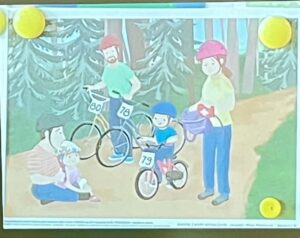 Zdjęcie przedstawia edukacyjną ilustrację/plakat dla dzieci - rodzina na rowerowej przejażdżce w lesie, z numerami identyfikacyjnymi na rowerzystach.

Format:

Plakat edukacyjny lub ilustracja z podręcznika
Wyświetlany na ekranie lub tablica interaktywna
Żółte kółka w rogach (góra lewo, góra prawo, dół prawo) - może przyciski interaktywne lub dekoracje
Scena (centrum):

Lokalizacja:

Las - gęste, zielone drzewa w tle
Leśna ścieżka - jasna, piaskowa droga
Słoneczny dzień - jasne światło
Naturalne otoczenie - spokojne, bezpieczne miejsce
Postacie - rodzina na rowerach:

Postać 1 - Dorosły mężczyzna (lewo, tył):

Turkusowa/miętowa koszulka
Różowy hełm na głowie
Duży rower (dla dorosłych)
Numer "80" na plecach lub rowerze (biała tabliczka)
Jedzie - w ruchu
Tata lub starszy brat
Postać 2 - Dorosła kobieta (prawo, stoi):

Różowy hełm na głowie
Turkusowa/miętowa górna część ubrania
Niebieskie spodnie
Stoi obok roweru - trzyma kierownicę
Duży rower (dla dorosłych)
Numer "81" na plecach lub rowerze (biała tabliczka)
Mama - opiekuje się dziećmi
Postać 3 - Dziecko (centrum):

Niebieski strój
Niebieski hełm na głowie
Mały rower dziecięcy (z kółkami bocznymi?)
Numer "79" na plecach lub rowerze (biała tabliczka)
Jedzie - aktywnie pedałuje
Dziecko (około 5-8 lat)
Postać 4 - Małe dziecko (lewo, dół):

Jasne ubranie (może fioletowe/różowe)
Różowy hełm na głowie
Siedzi na ziemi lub na kocu
Mały rowerek obok (może rowerek biegowy?)
Najmłodsze dziecko - jeszcze nie jeździ samodzielnie
Bawi się lub odpoczywa
Rowery:

Dwa duże rowery (dla dorosłych) - z numerami 80 i 81
Jeden mały rower (dla dziecka) - z numerem 79
Jeden bardzo mały rowerek (dla malucha)
Wszystkie z kołami - widoczne koła, kierownice
Bezpieczne - odpowiednie do wieku
Numery identyfikacyjne:

"80" - dorosły mężczyzna (tata)
"81" - dorosła kobieta (mama)
79" - dziecko na rowerze
Białe tabliczki z czarnymi cyframi
Przypięte do pleców lub rowerów
Cel: identyfikacja uczestników (może rajd rowerowy, zawody rodzinne?)
Tło - las:

Drzewa:

Gęste, wysokie drzewa (iglaste - świerki lub sosny)
Zielone igły - bujne korony
Brązowe pnie - naturalne kolory
Głęboki las - naturalne środowisko
Ścieżka:

Jasna, piaskowa droga - szeroka, bezpieczna
Równa powierzchnia - łatwa do jazdy
Widoczna trawa po bokach - zielone pobocza
Kolorystyka:

Turkusowy/miętowy (ubrania) - dominujący kolor
Różowy (hełmy) - bezpieczeństwo
Niebieski (ubrania, hełm dziecka) - akcenty
Zielony (las, trawa) - naturalne tło
Brązowy (drzewa, ścieżka) - ziemiste tony
Jasne, pastelowe - przyjazna, spokojna paleta
Żółte kółka (rogi ilustracji):

Góra lewo - duże, żółte kółko
Góra prawo - duże, żółte kółko
Dół prawo - duże, żółte kółko
Może przyciski interaktywne (tablica multimedialna)
Lub dekoracyjne elementy - ramka ilustracji
Charakterystyka:

Temat: Rodzinna przejażdżka rowerowa - bezpieczeństwo, aktywność, rodzina